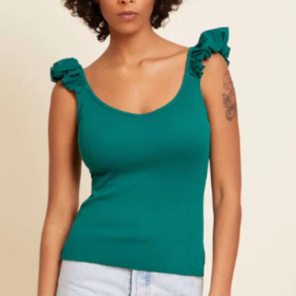 Nation LTD. Celeste Tank Top Ruffle Strap Emerald Green Large Boho Ribbed